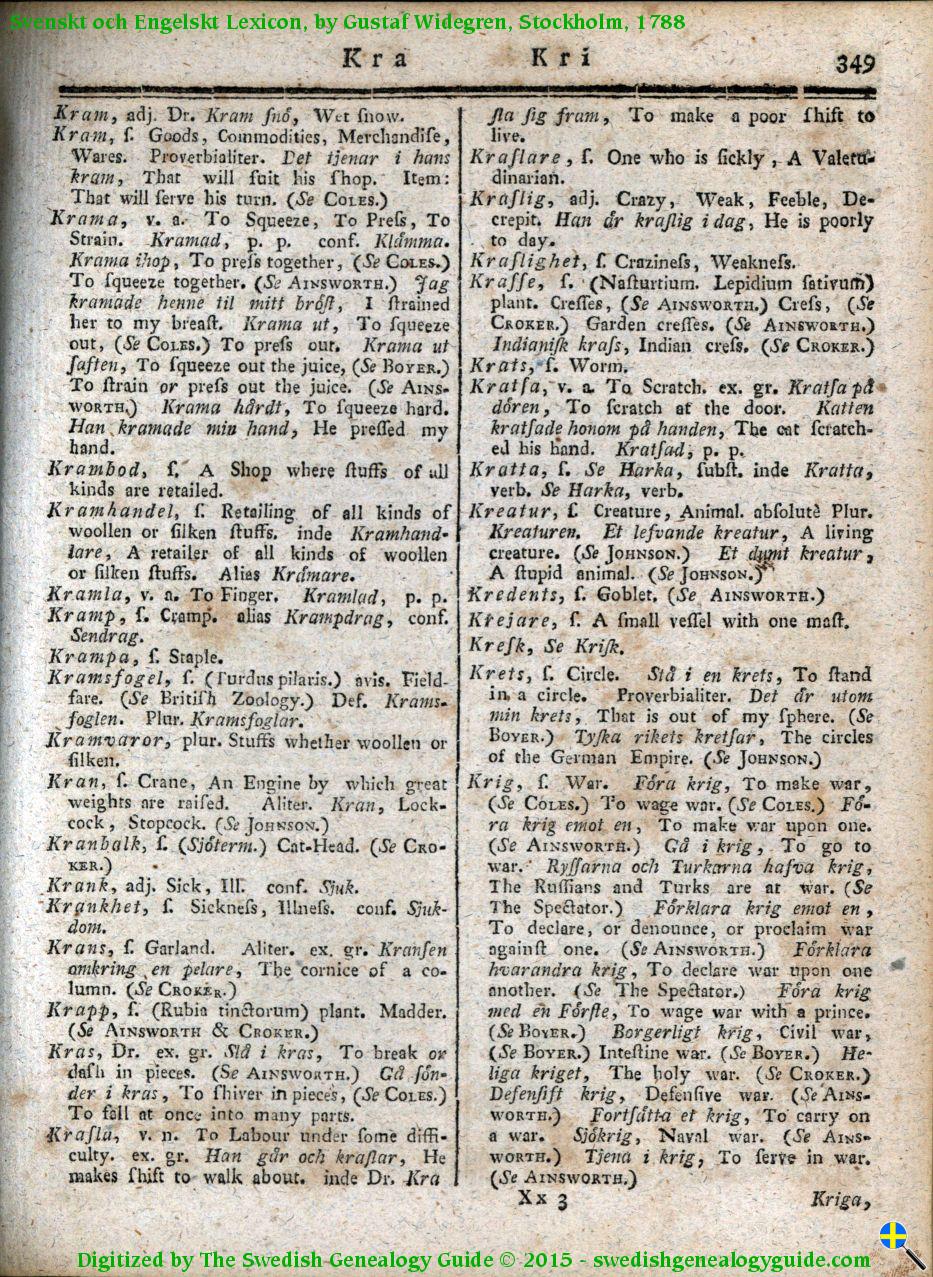 1788 Swedish English – Letter K | The Swedish Genealogy Guide, LLC